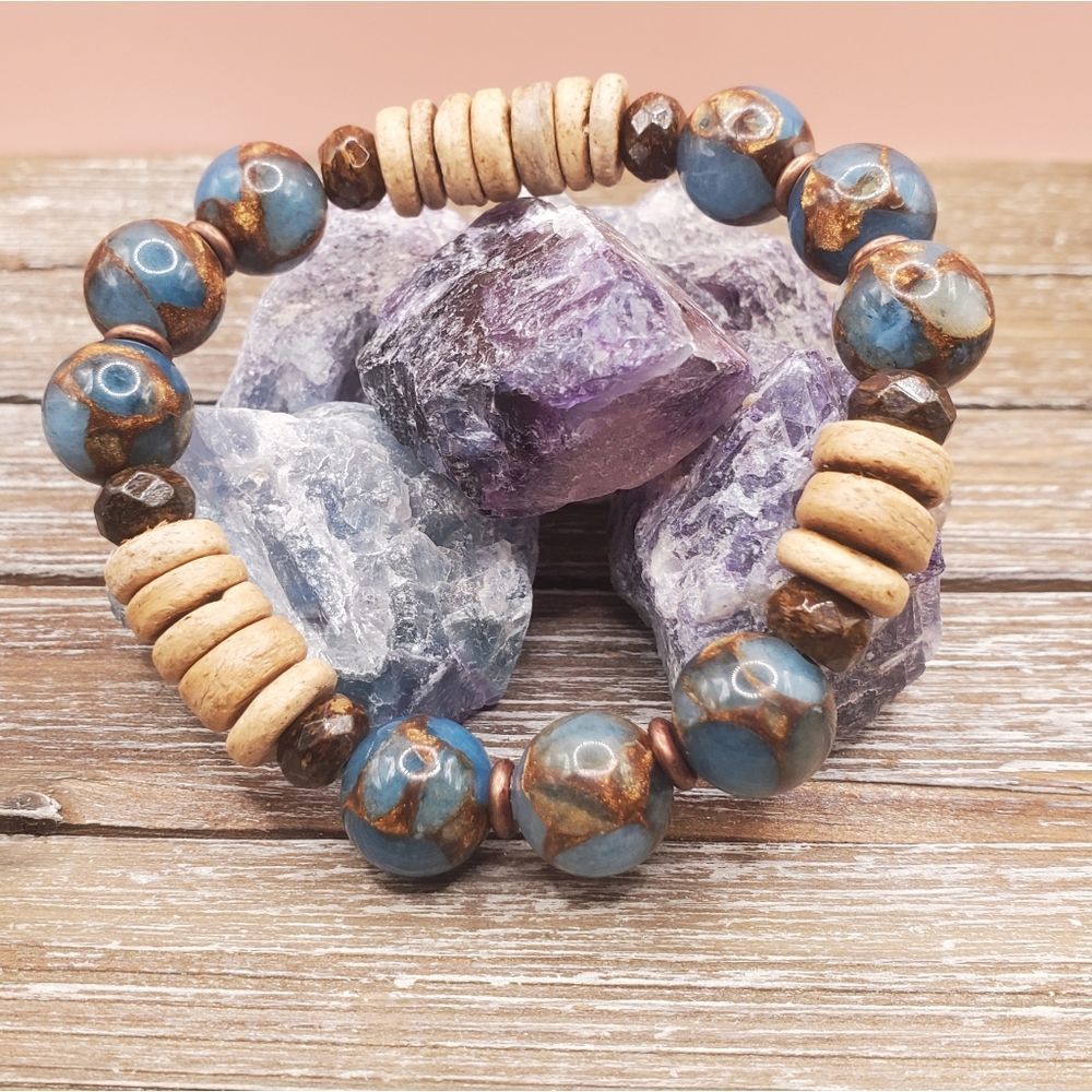 Teal Impression Jasper Bronzite Copper Coconut Husk Beaded Bracelet